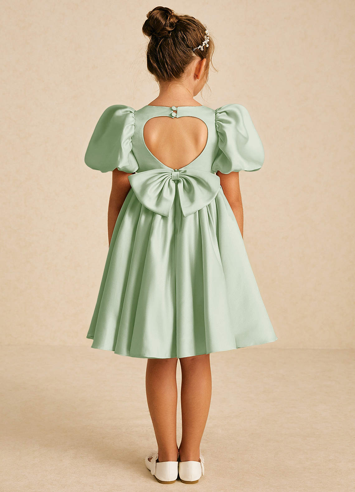 Azazie Muffin Flower Girl Dresses Dusty Sage A-Line with Sleeves Matte Satin Dress image1