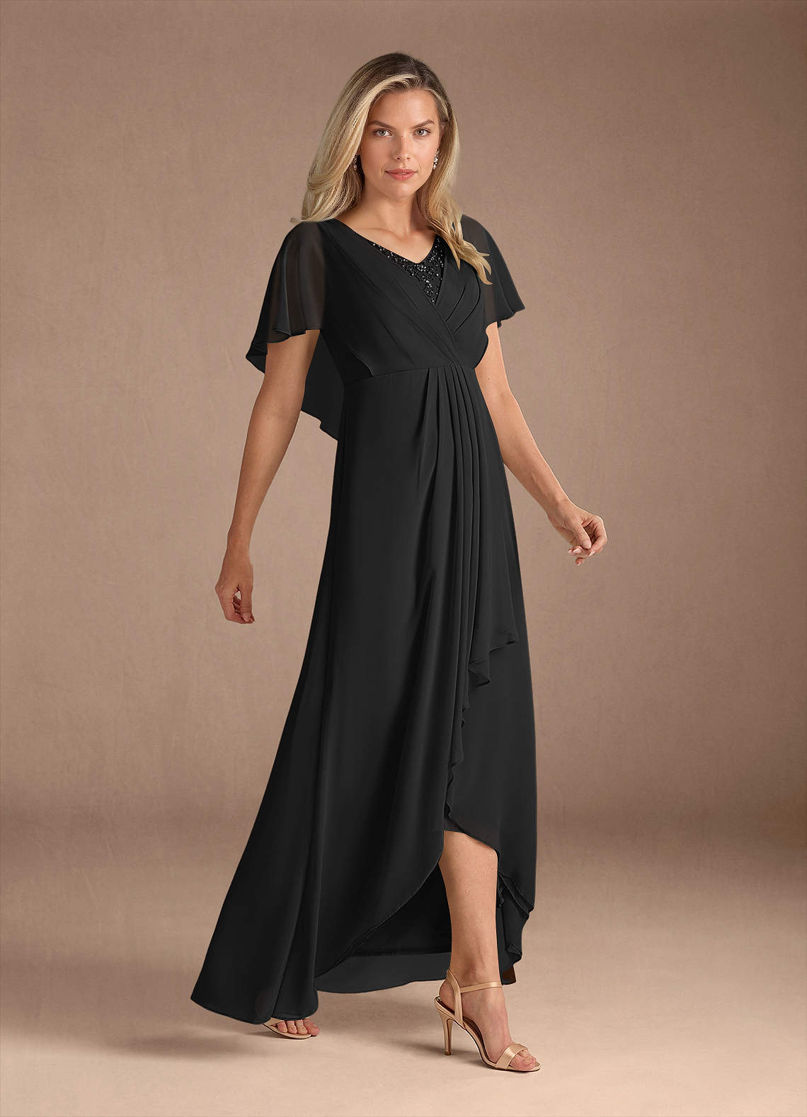 Azazie Eliza Black A-Line V-Neck Pleated Chiffon Dress Sample Dress | Azazie