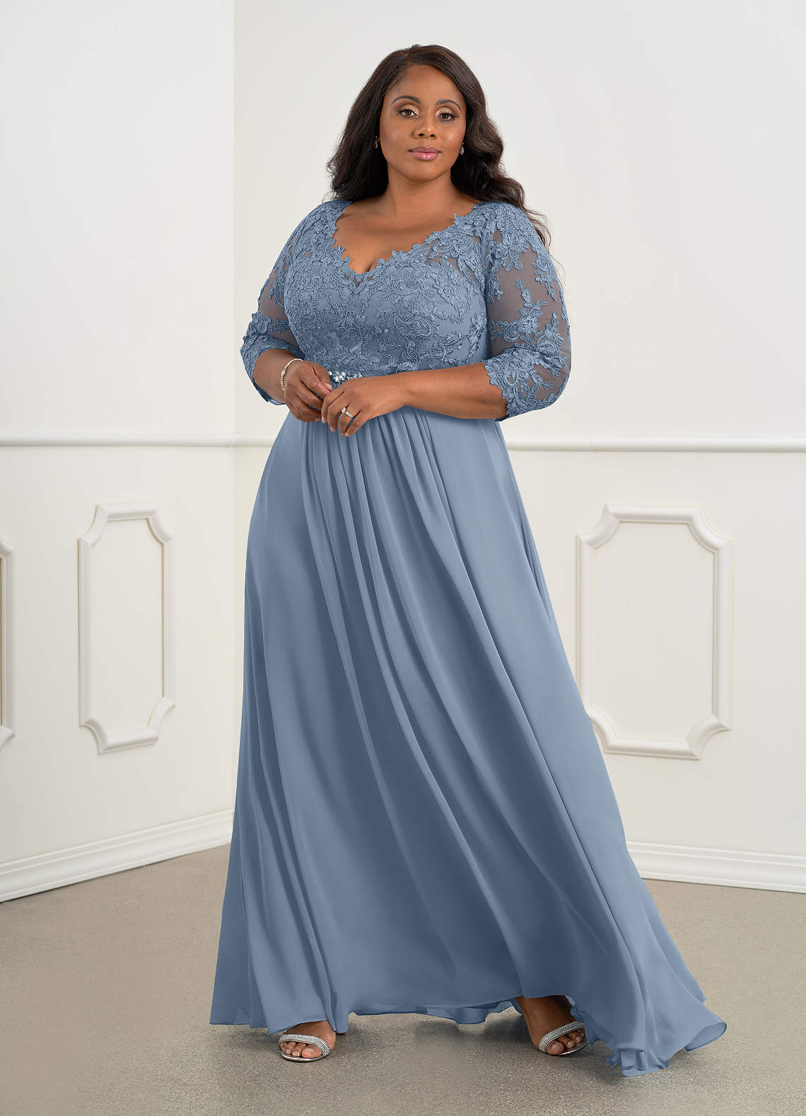 Azazie Hayek Mother of the Bride Dresses Dusty Blue A-Line V-Neck Lace Chiffon Dress image1