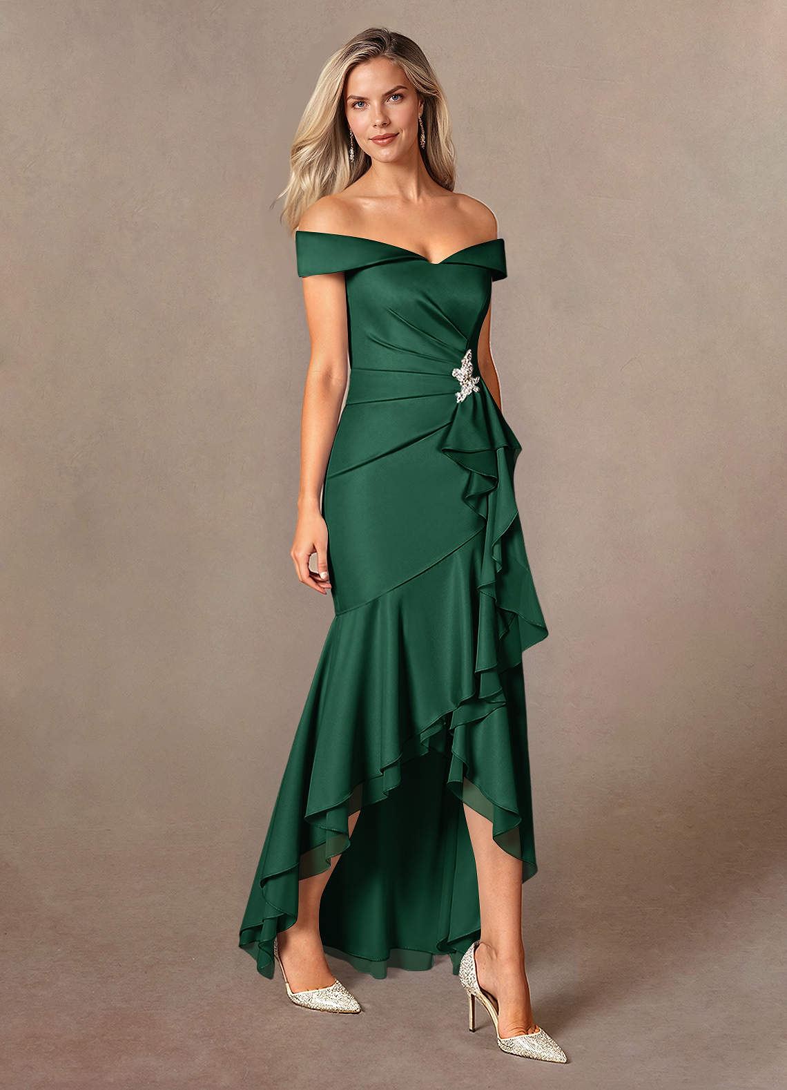 Azazie Mermaid Off The Shoulder Asymmetrical Chiffon Mother of The Bride or Groom Dresses - Dark Green
