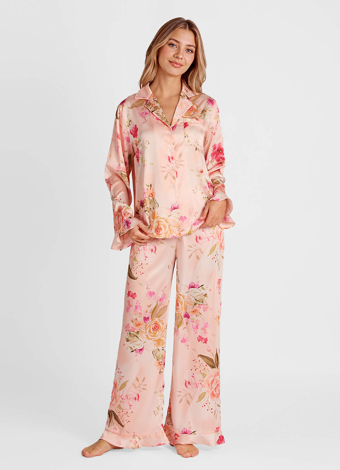 front Pyjama-Set mit Rüschenmuster und langen Ärmeln