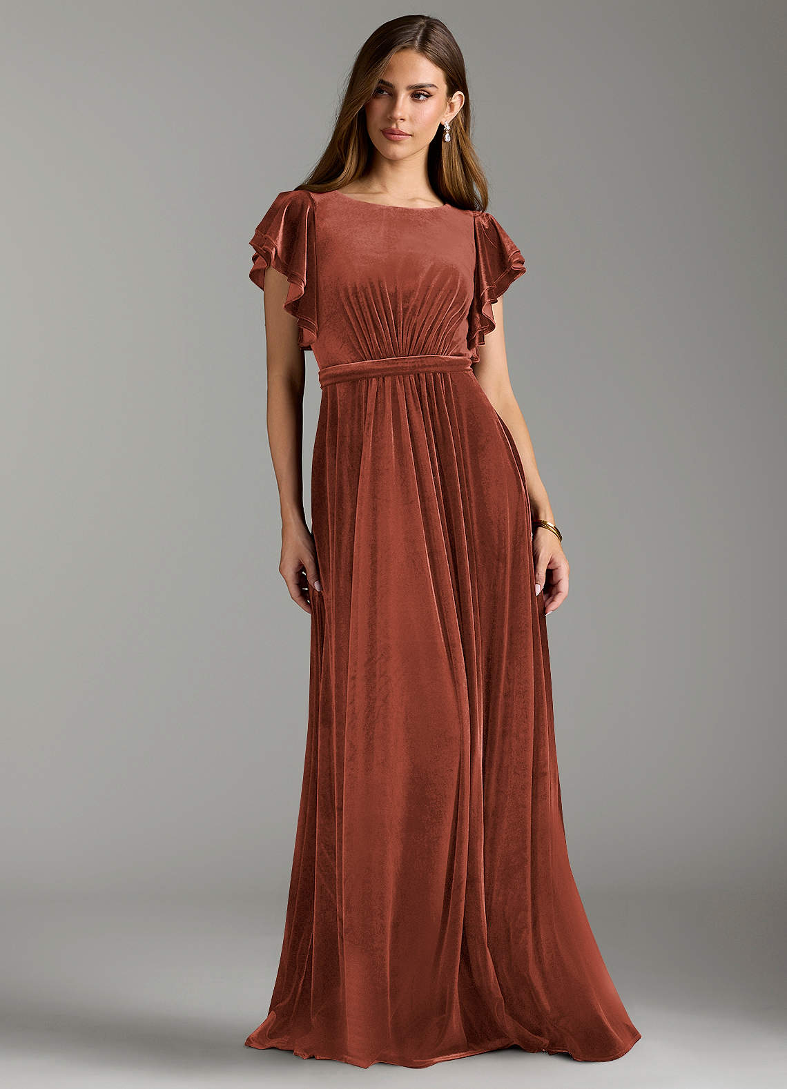 Azazie Daphne Modest Bridesmaid Dresses A-Line Velvet Floor-Length Dress with Belt image2