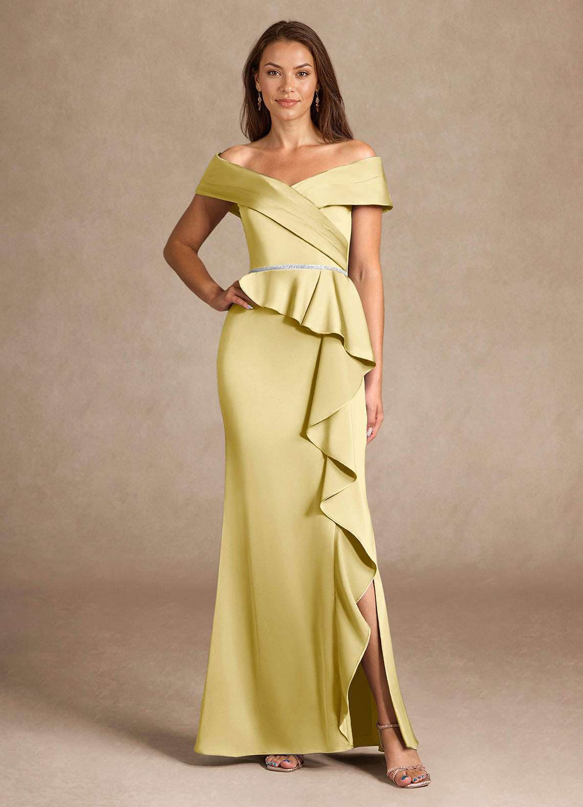 Azazie Dareia Mother of the Bride Dresses Lemon Sorbet Mermaid Off the Shoulder Stretch Satin Dress image1