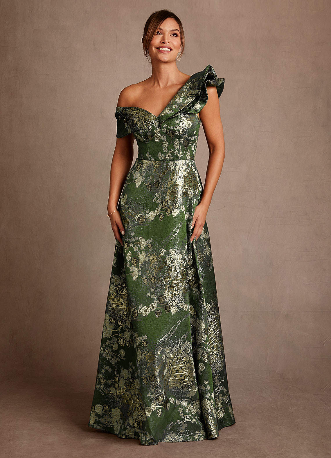 Azazie Des Moines Matcha Green A-Line One Shoulder Floral Jacquard