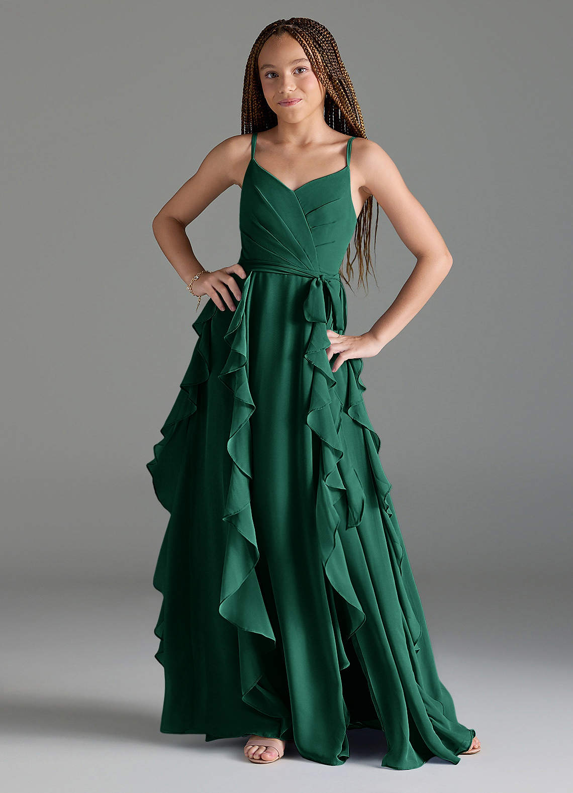 Azazie Peyton Junior Emerald A-Line V-Neck Cascading Ruffles Chiffon Dress image1
