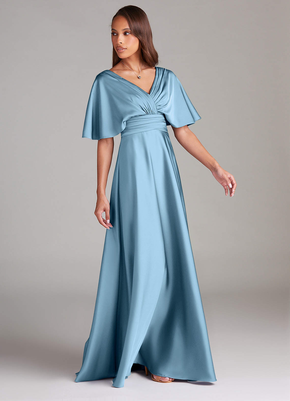 Azazie Pamela Robes de demoiselle d'honneur Robe Trapèze en Satin extensible Plissée Acier Bleuté image2