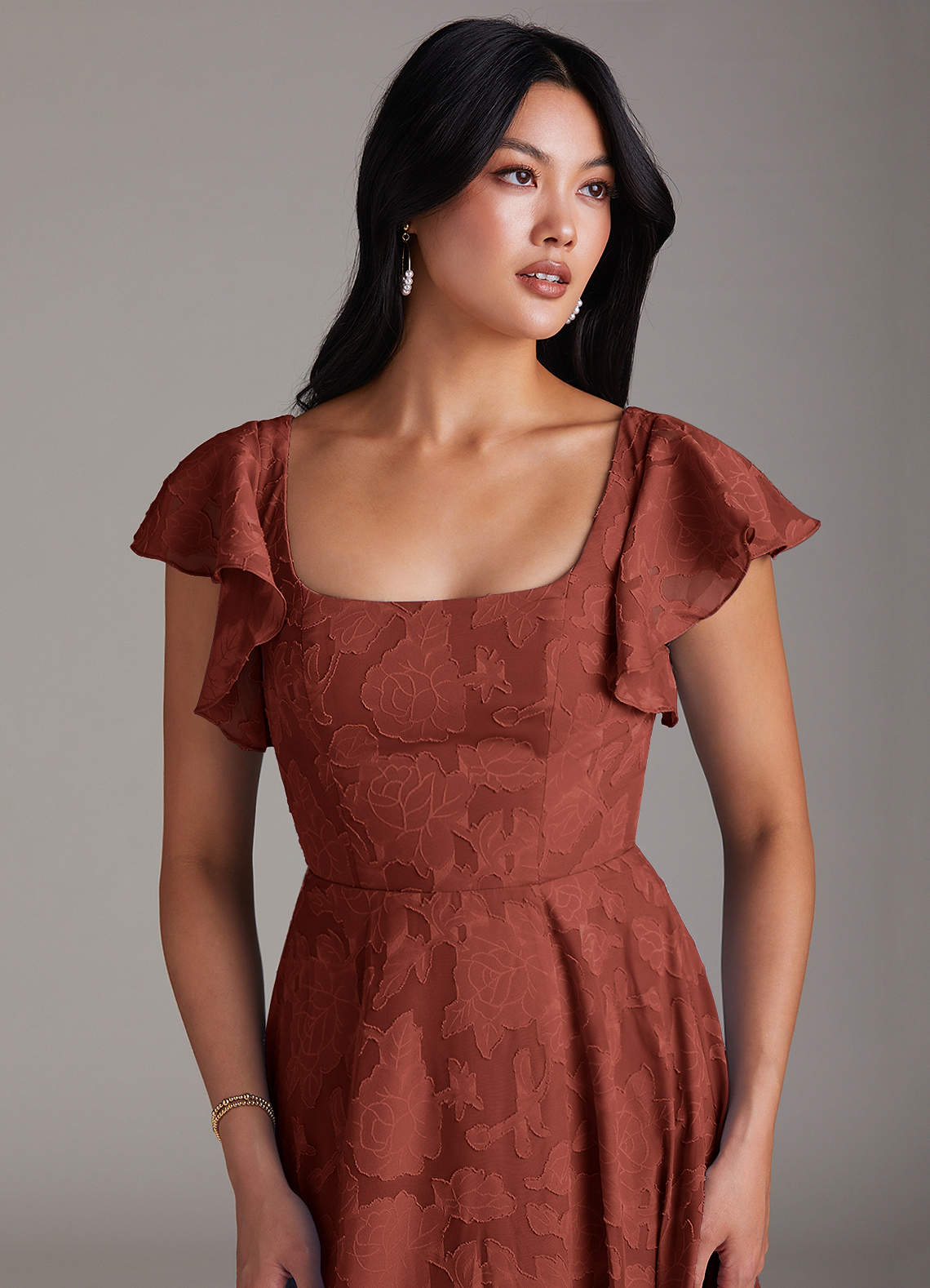 Azazie Bondi Bridesmaid Dresses Terracotta A-Line Side Slit Floral Burnout Dress image5