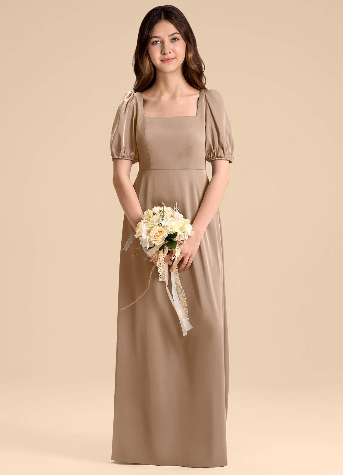 Azazie Briar Junior Taupe A-Line Bow Stretch Satin Dress image1