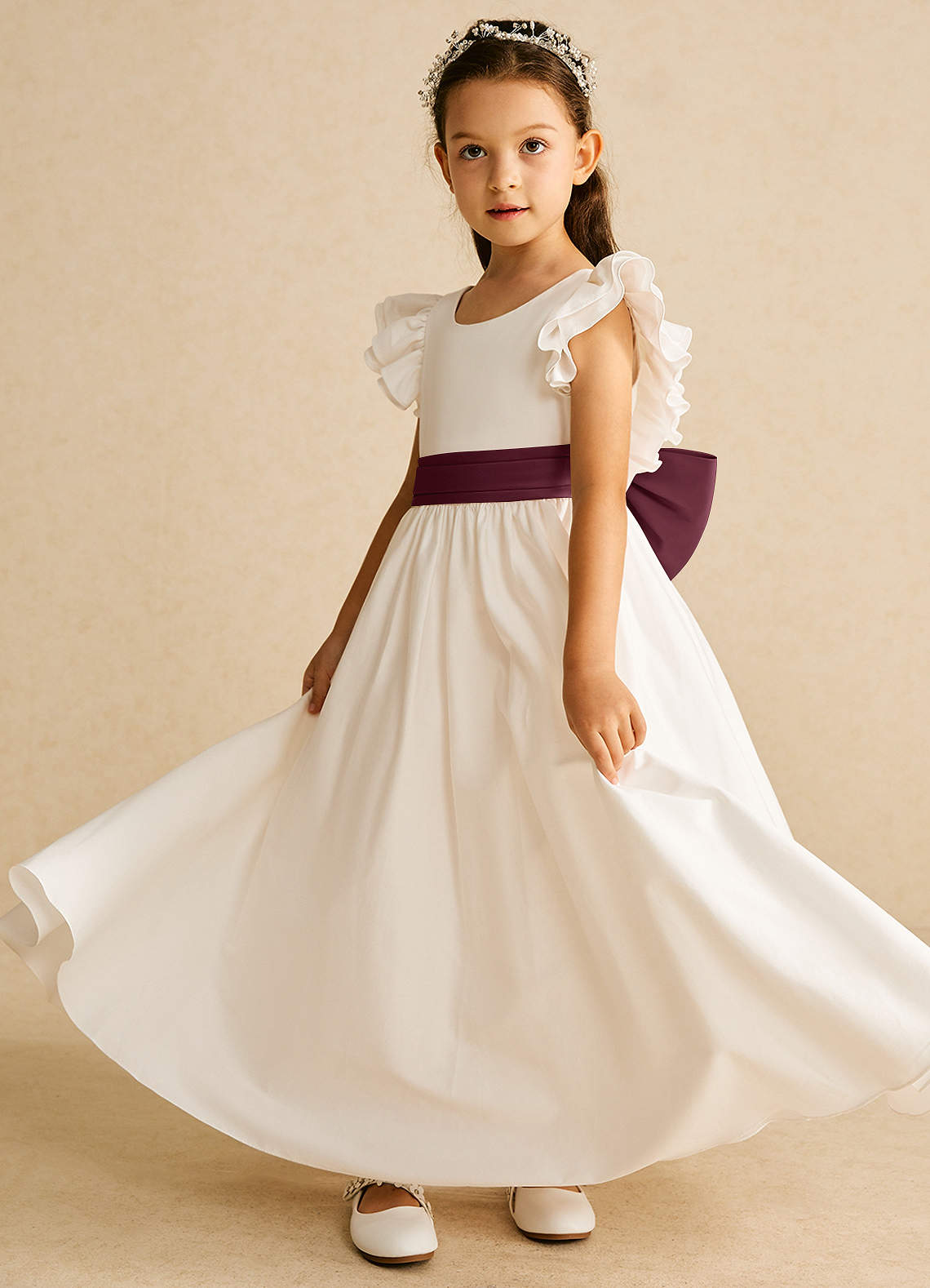 Azazie Aero Flower Girl Dresses Ivory Cabernet A-Line Pleated Cotton Dress image1