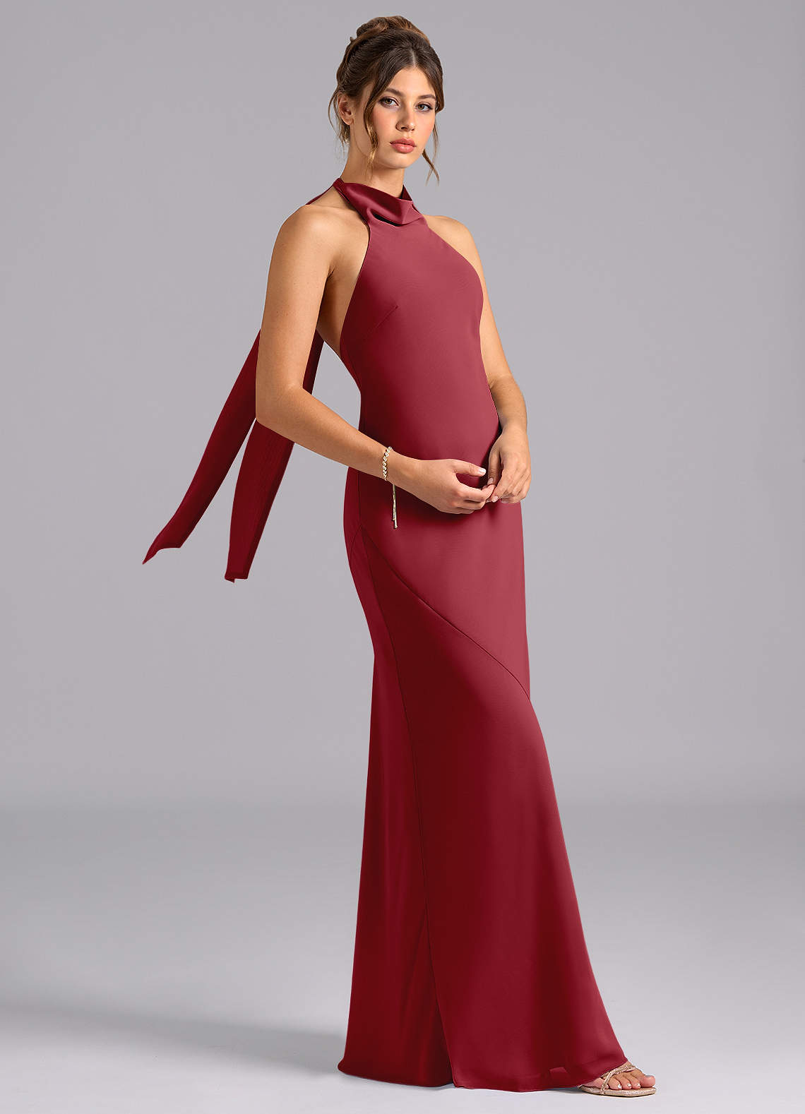 Azazie Velli At-home Try On Dresses Dusty Blue Mermaid Bow Chiffon Dress image2