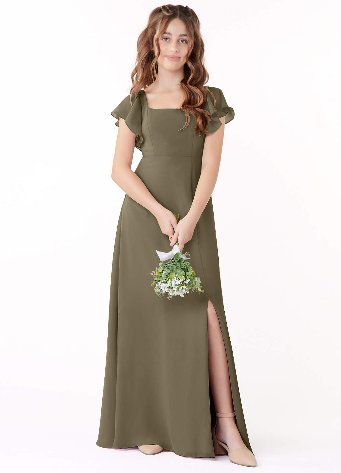 Azazie Bondi Junior Willow Green A-Line Bow Chiffon Dress image1