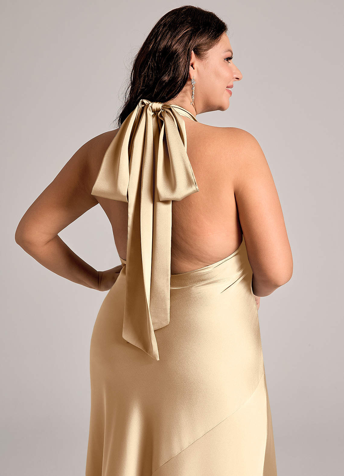 Azazie Velli Bridesmaid Dresses Champagne Mermaid High Neck Stretch Satin Dress image12