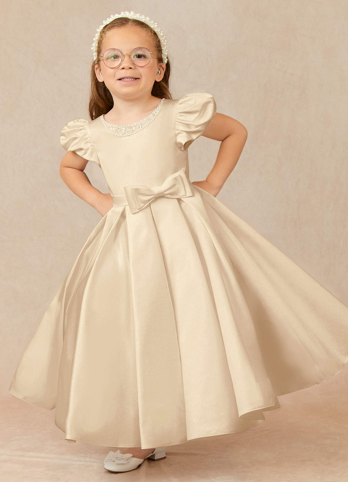 Azazie Jewel Flower Girl Dresses Champagne Ball-Gown Pleated Matte Satin Dress image1