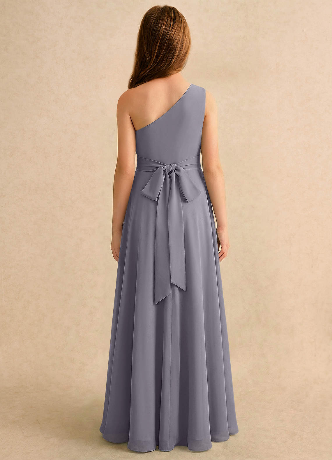 Azazie Puddles Girls Formal Robe Demoiselle D'honneur Fillette Robe Trapèze en Mousseline de soie Une épaule Ombre image1
