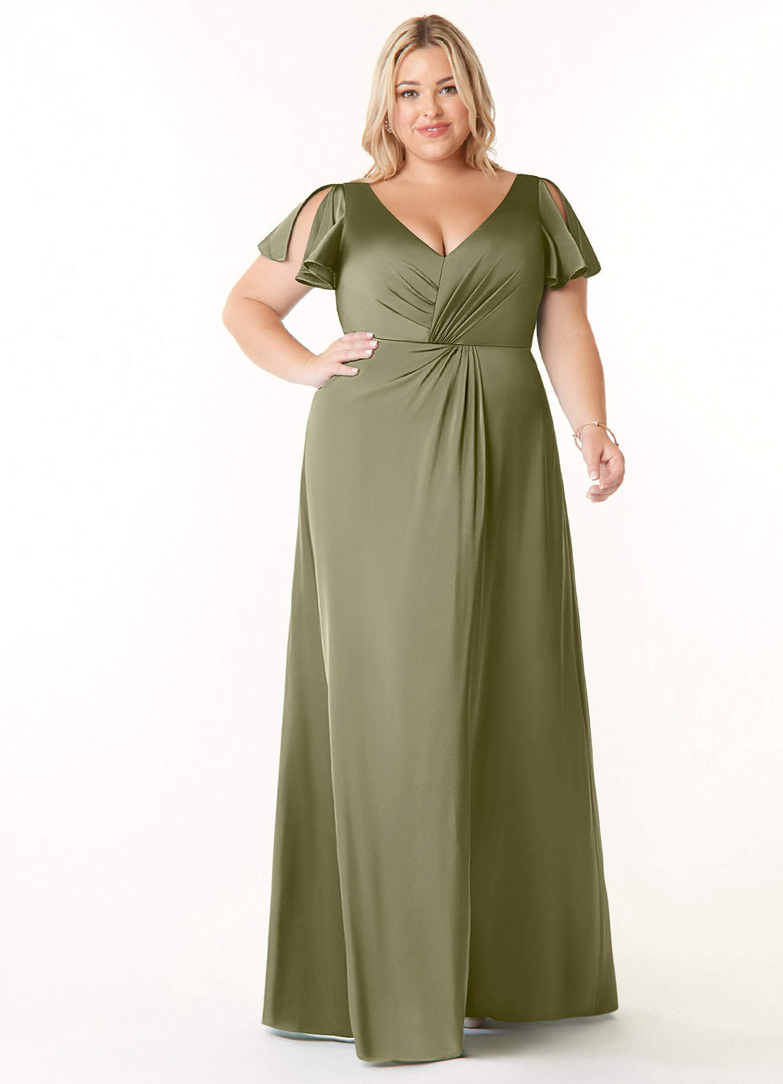 Azazie Soren Bridesmaid Dresses Pistachio A-Line Pleated Stretch Satin Dress image1