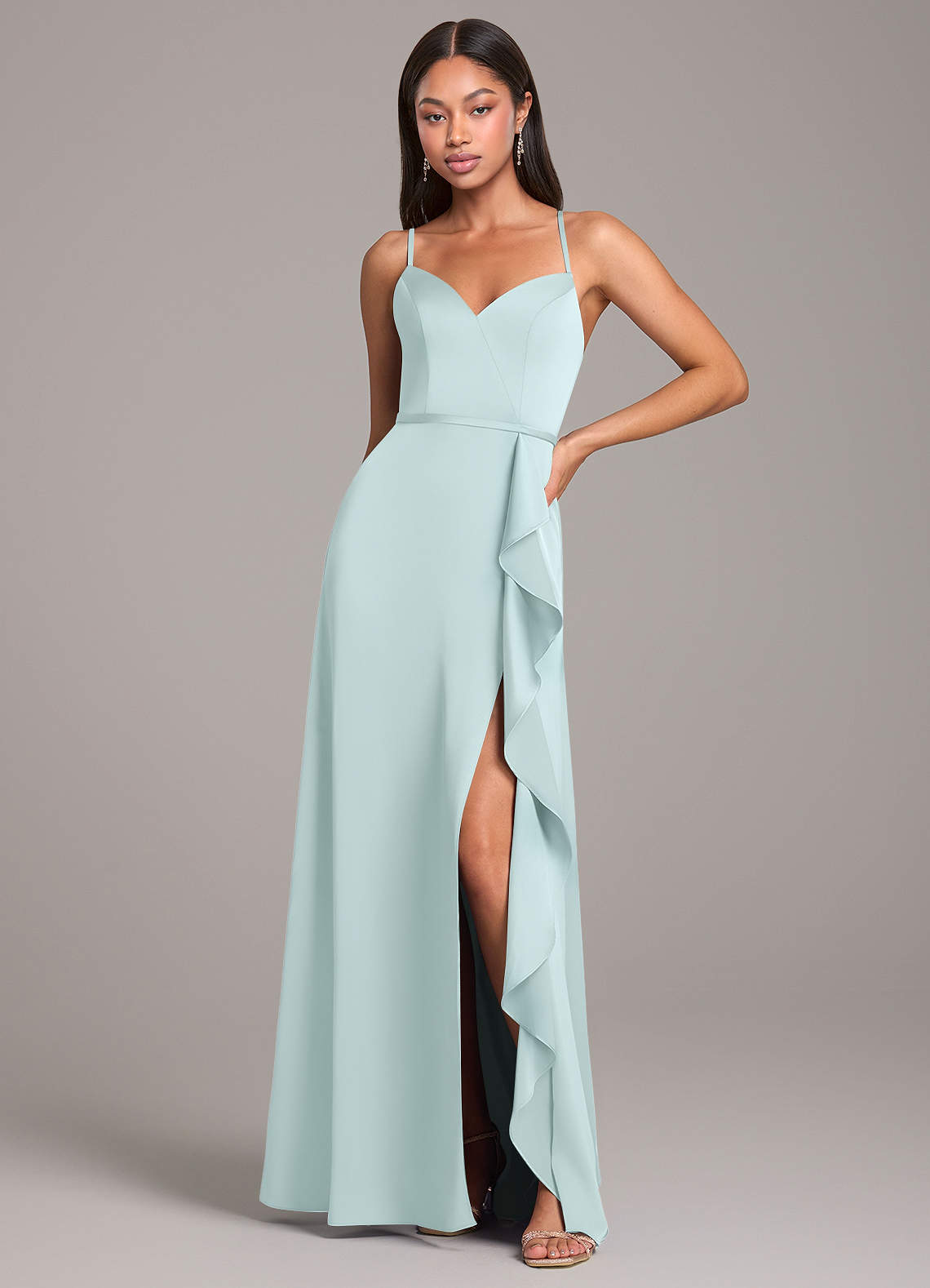Azazie Naeem Robes de demoiselle d'honneur Robe Trapèze en Satin extensible Verre De Mer image1