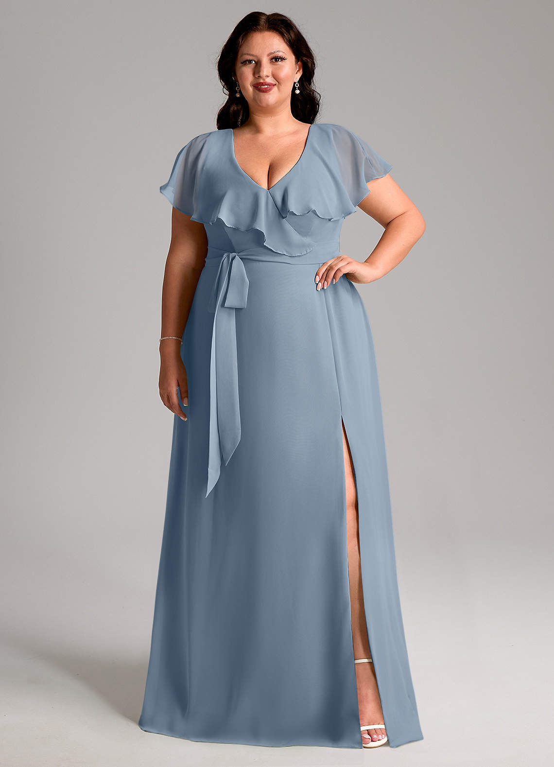 Azazie Lainey At-home Try On Dresses Dusty Blue A-Line with Pockets Chiffon Dress image7