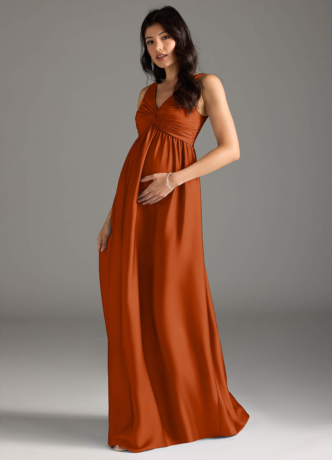Azazie Yetta Maternity Bridesmaid Dresses A-Line Pleated Stretch Satin Floor-Length Dress image1