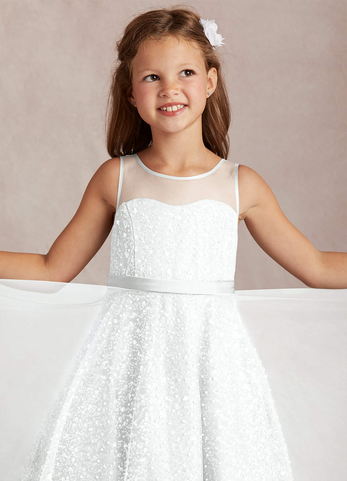 Azazie Siwa Blumenmädchenkleider A-Linie Mit Perlen Tüll Kleid Diamantweiß image1