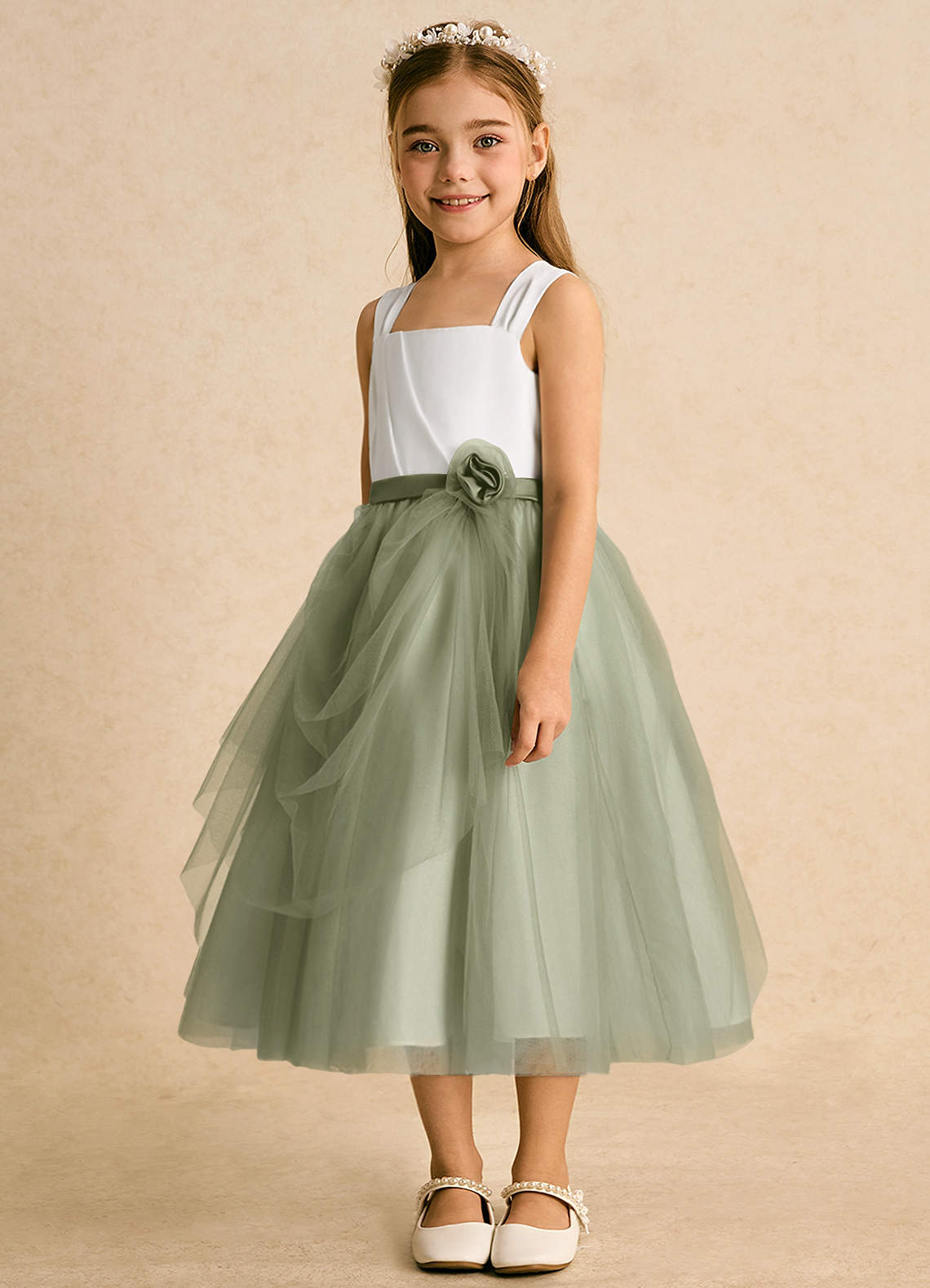 Azazie Bonny Abiti da Ragazza di Fiori Abito Principessa in Tulle Plissettato Avorio Pistacchio image1