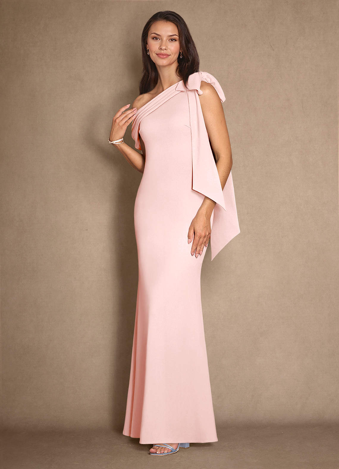 Azazie Myers Mother of the Bride Dresses Blushing Pink Mermaid Pleated Stretch Crepe Dress image3