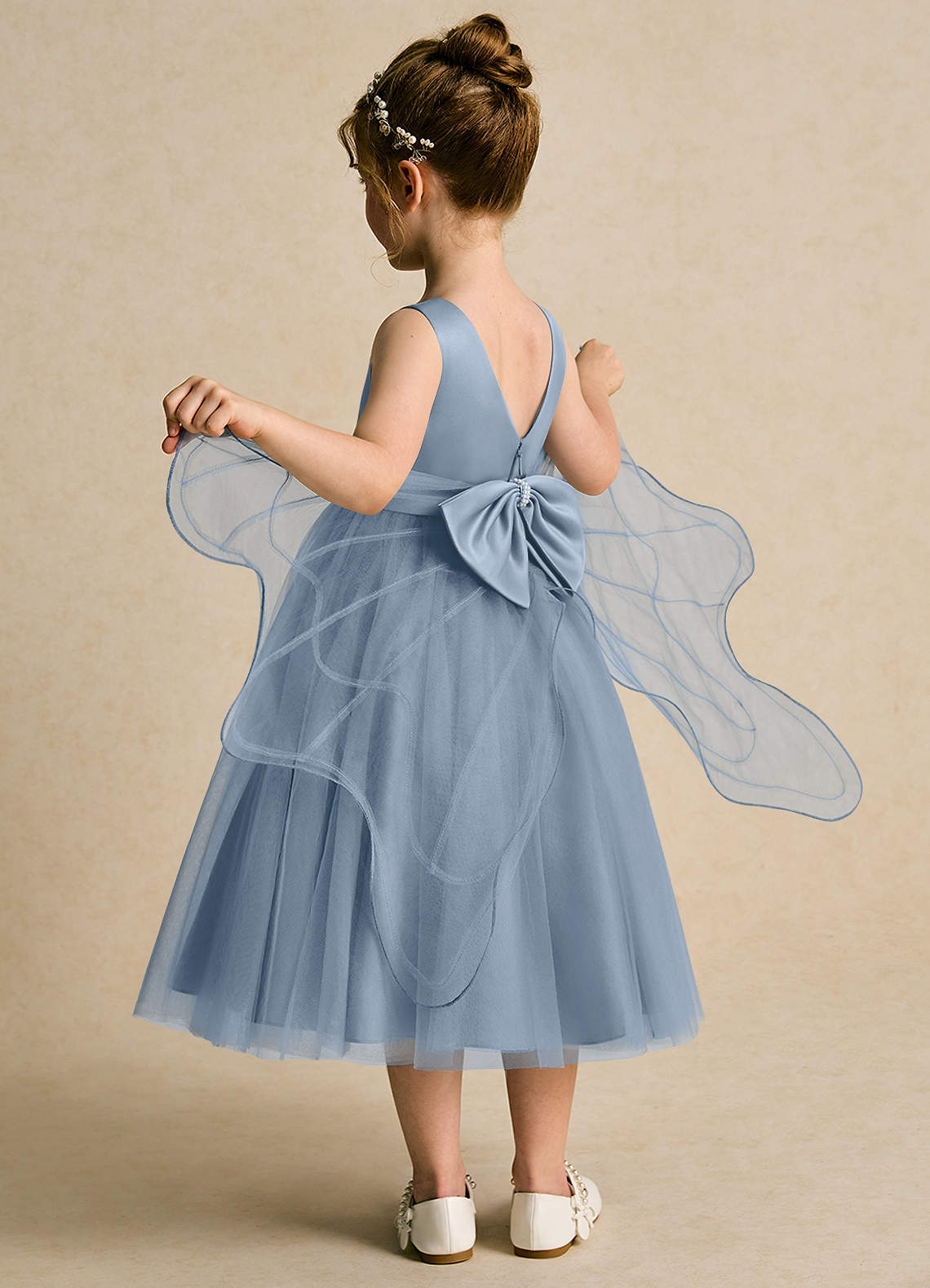 Azazie Pear Flower Girl Dresses Dusty Blue Ball-Gown Bow Tulle Dress image4