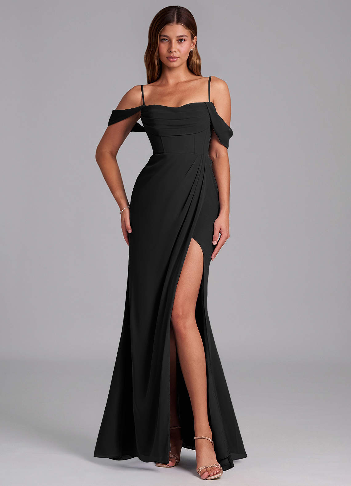 Azazie Johana Bridesmaid Dresses Black Mermaid Off the Shoulder Chiffon Convertible Dress image3