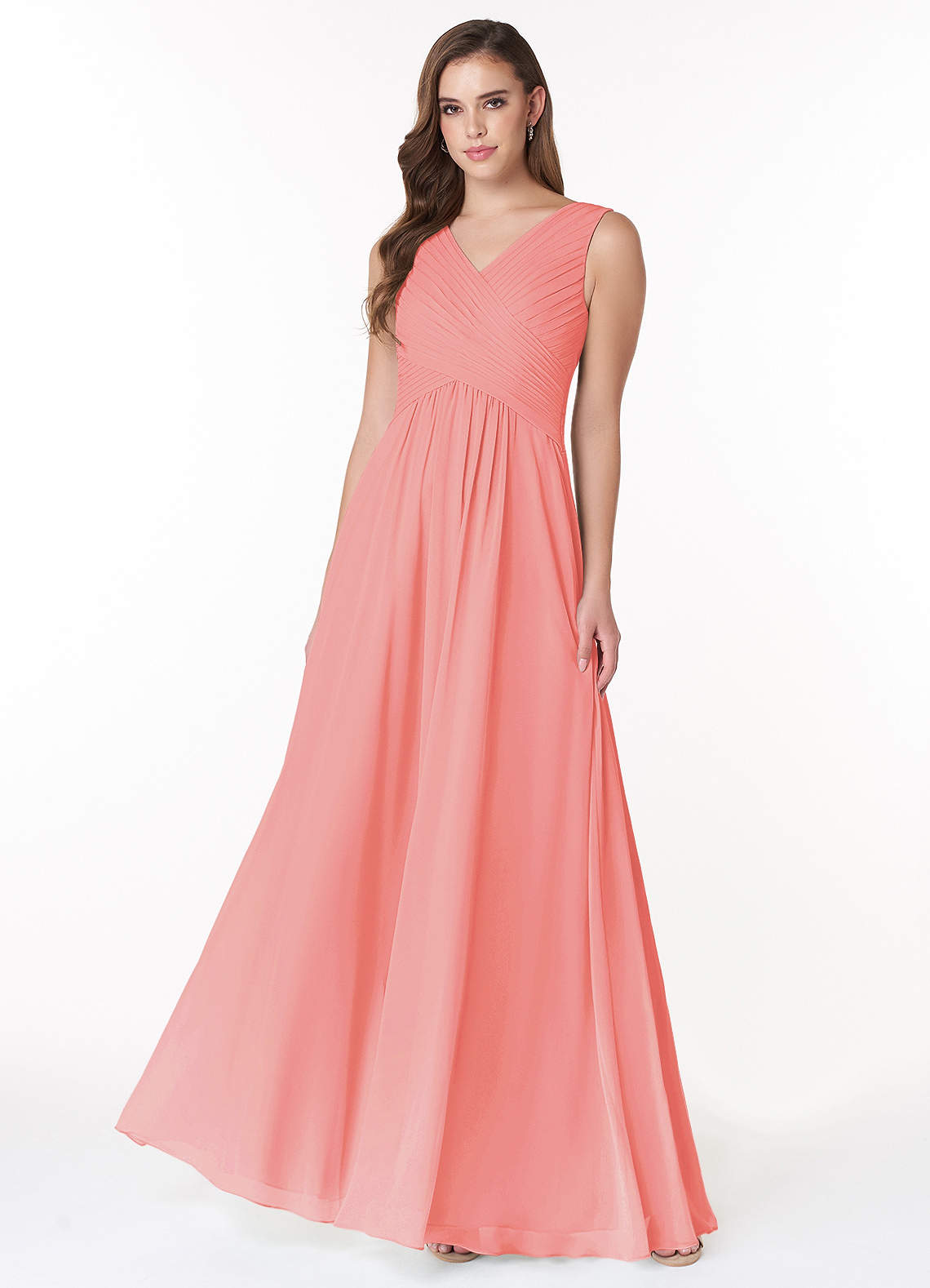 Azazie Flora Brautjungfernkleider A-Linie Plissee Chiffon Kleid Koralle image1