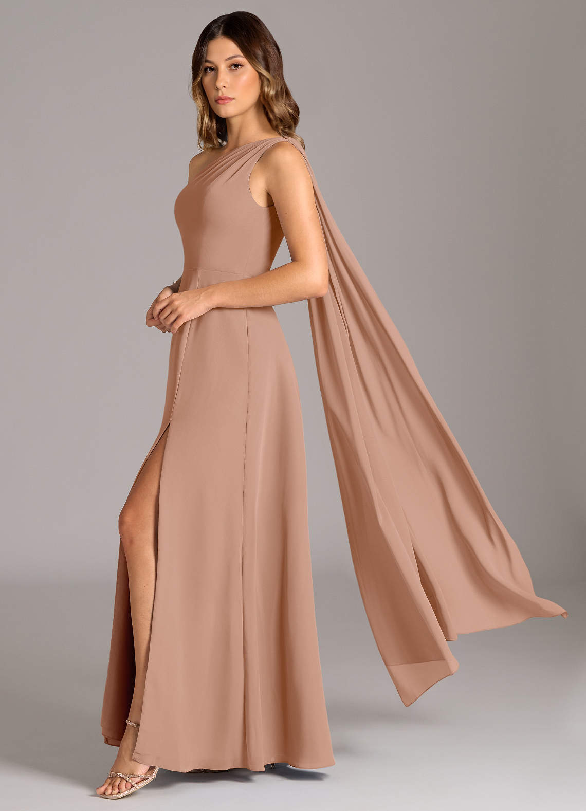 Azazie Tella Jurken voor bruidsmeisjes Jurk van Chiffon met A-Lijn One-Shoulder Champagne Roos image1