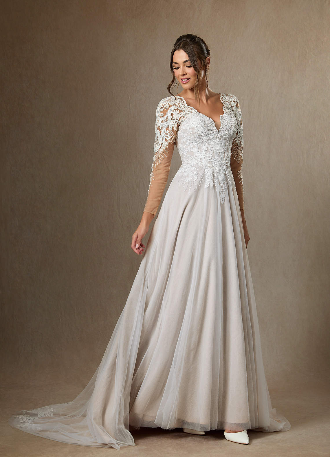 Azazie Essy Wedding Dresses Diamond White A-Line V-Neck Sequins Tulle Dress image8