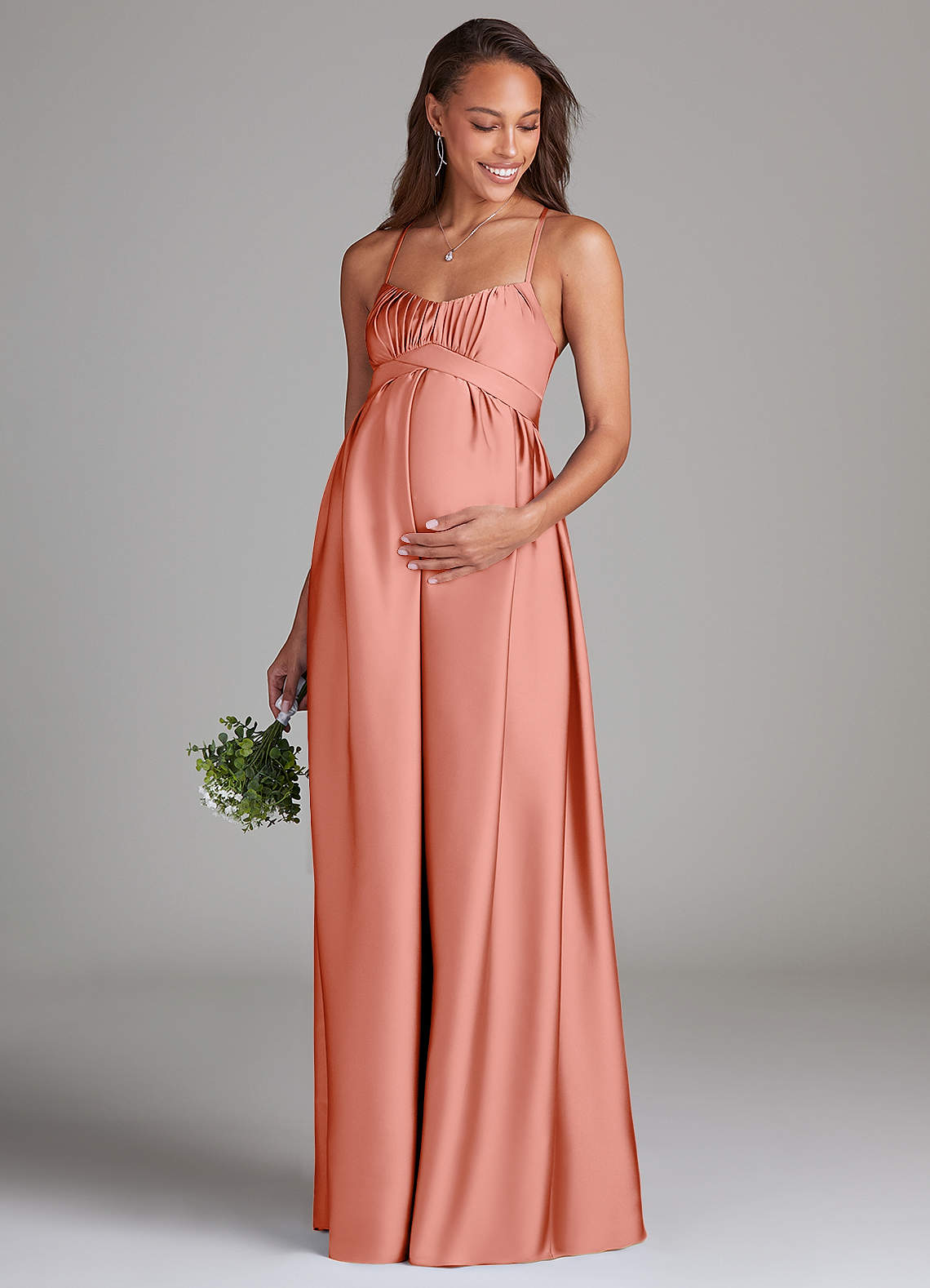 Azazie Llana Brautjungfernkleider für Schwangere A-Linie mit Taschen Stretch-Satin Bodenlänge Kleid image1