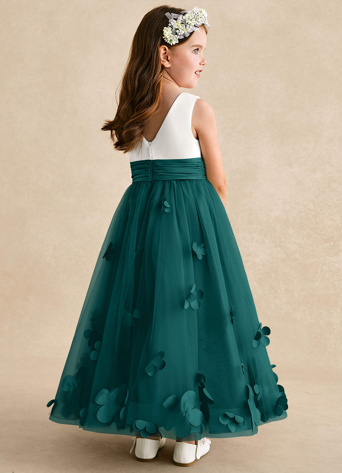 Azazie Vi Robe Demoiselle D'honneur Fillette Robe Trapèze en Tulle Sans manches Paon image3