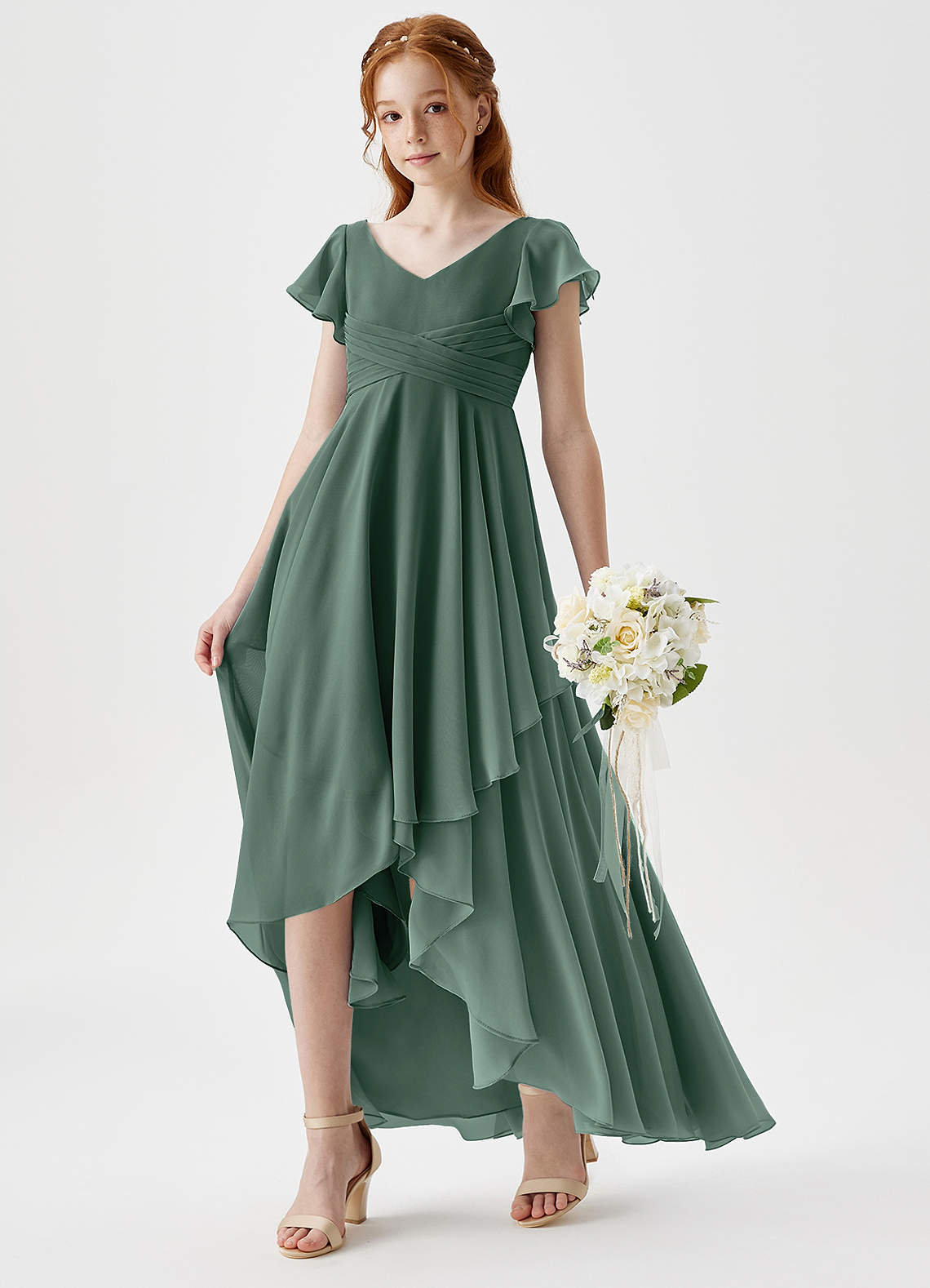 Azazie Caria Junior Sea Moss A-Line Pleated Chiffon Dress image1