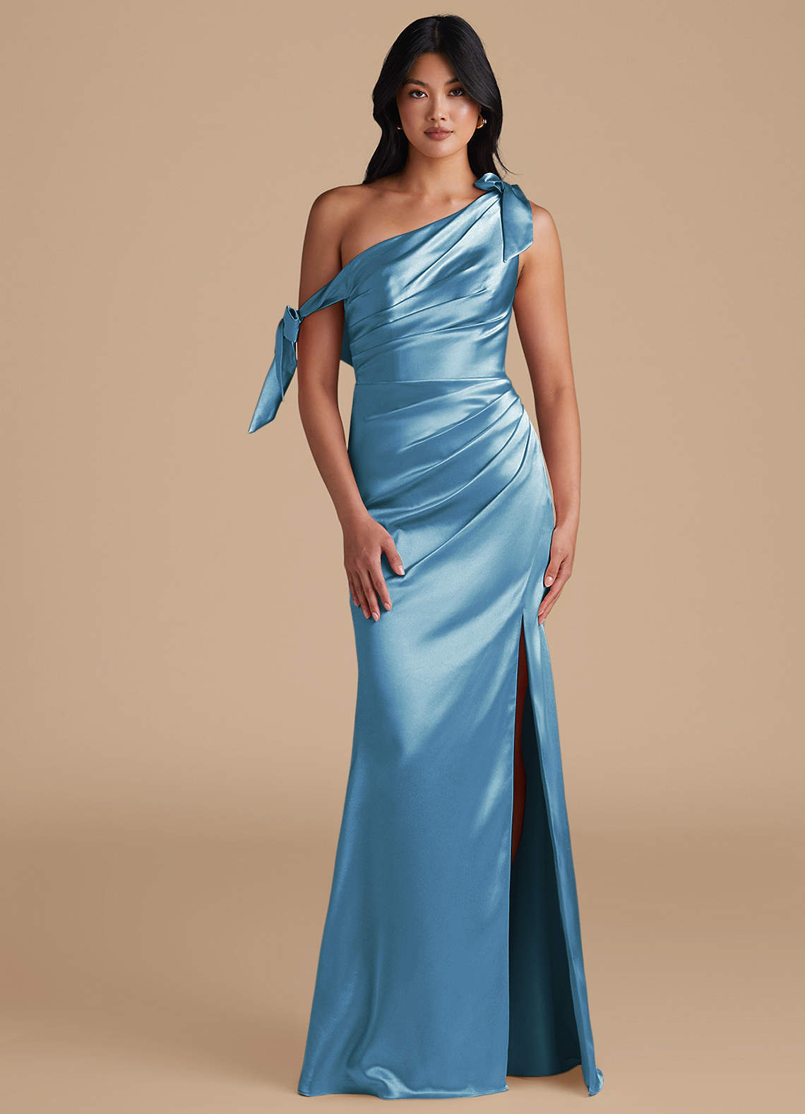 Azazie Xyla Bridesmaid Dresses Steel Blue Sheath Off the Shoulder Metallic Satin Convertible Dress image1