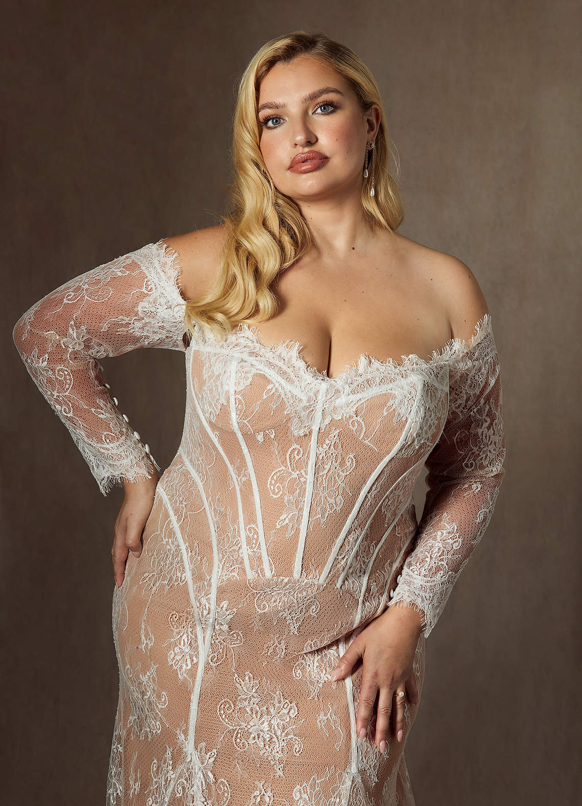 Azazie Katherine Wedding Dresses Diamond White Caramel Mermaid Off the Shoulder Tulle Dress image11
