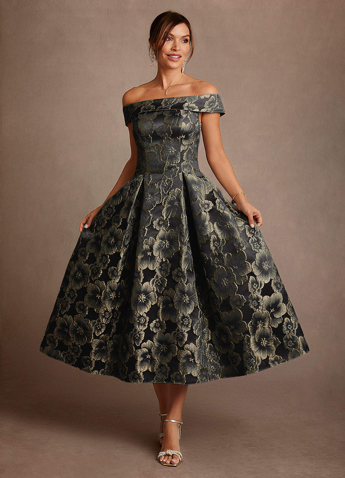 Azazie Centralia Black Gold Jacquard A-Line Off the Shoulder Floral  Jacquard Dress | Azazie