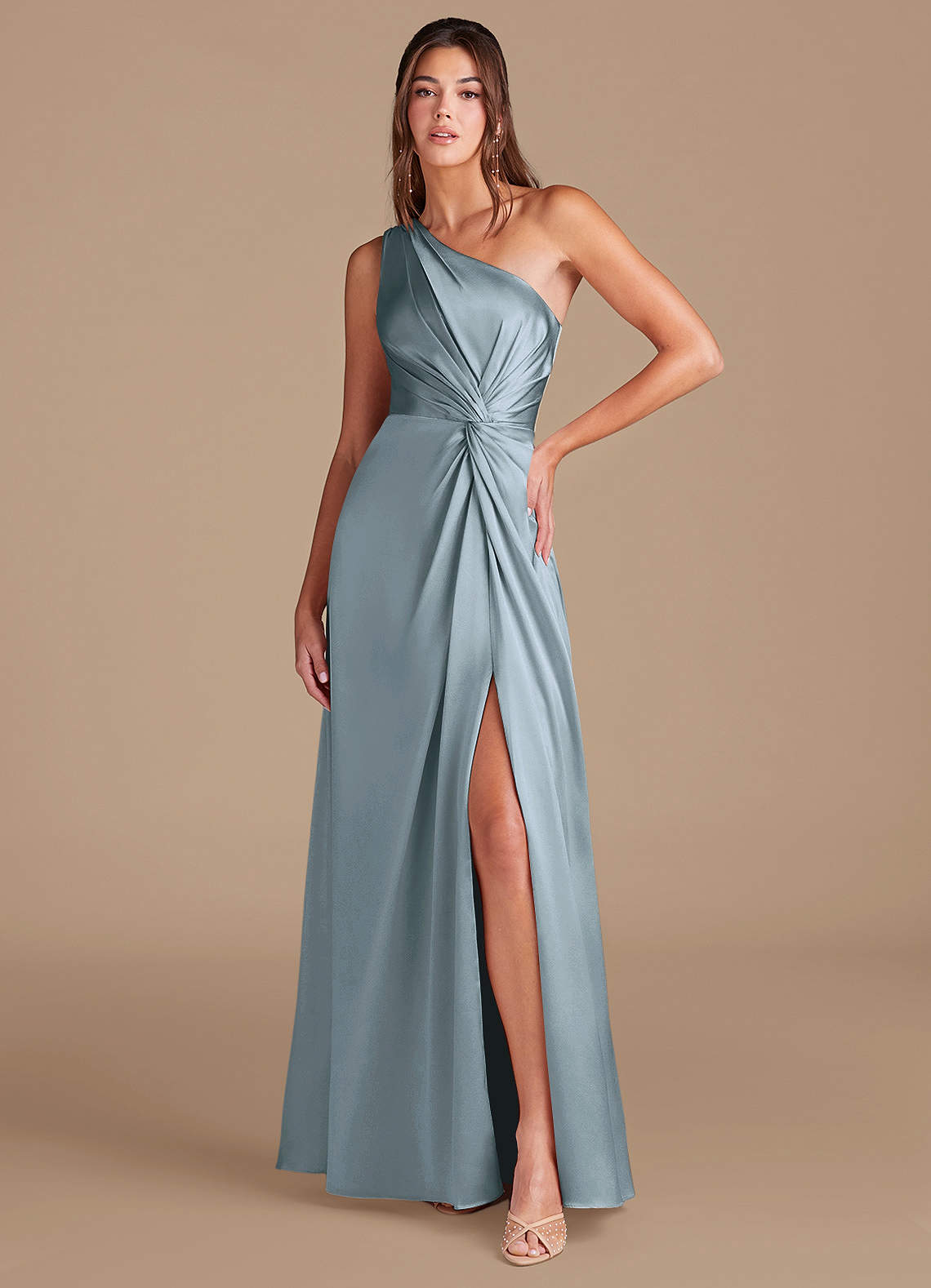 Azazie Brooke Bridesmaid Dresses Dusty Blue A-Line One Shoulder Metallic Satin Dress image1