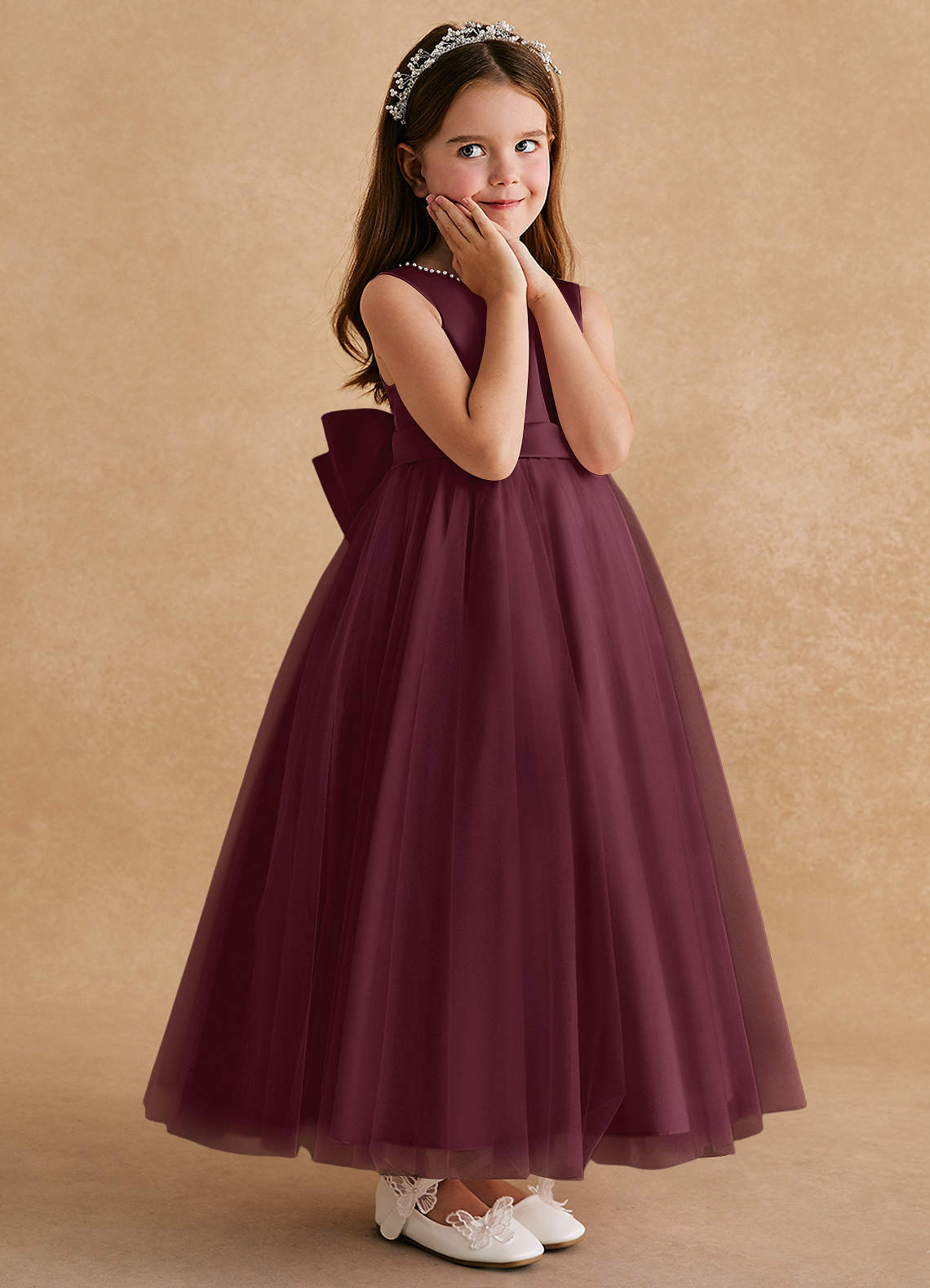 Azazie Cookie Flower Girl Dresses Cabernet A-Line Bow Tulle Dress image2