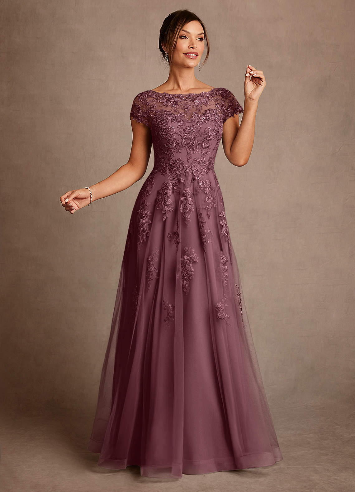 Azazie Jalinda Mother of the Bride Dresses Sangria A-Line Lace Chiffon Dress image2