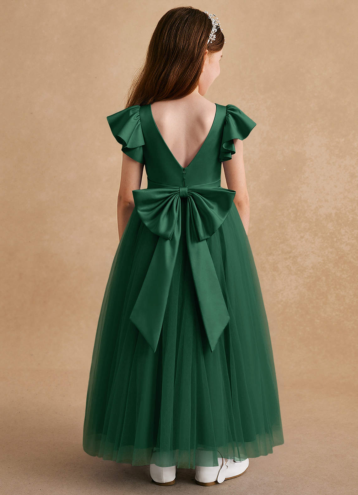 Azazie Suzy Blumenmädchenkleider A-Linie mit ärmel Tüll Kleid Dunkelgrün image1