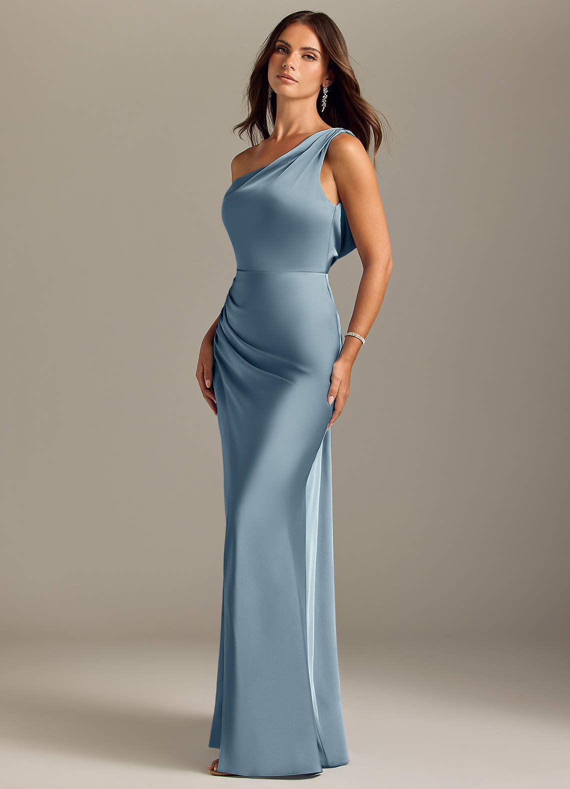 Azazie Madelyn Bridesmaid Dresses Dusty Blue Mermaid Off the Shoulder Stretch Satin Convertible Dress image2