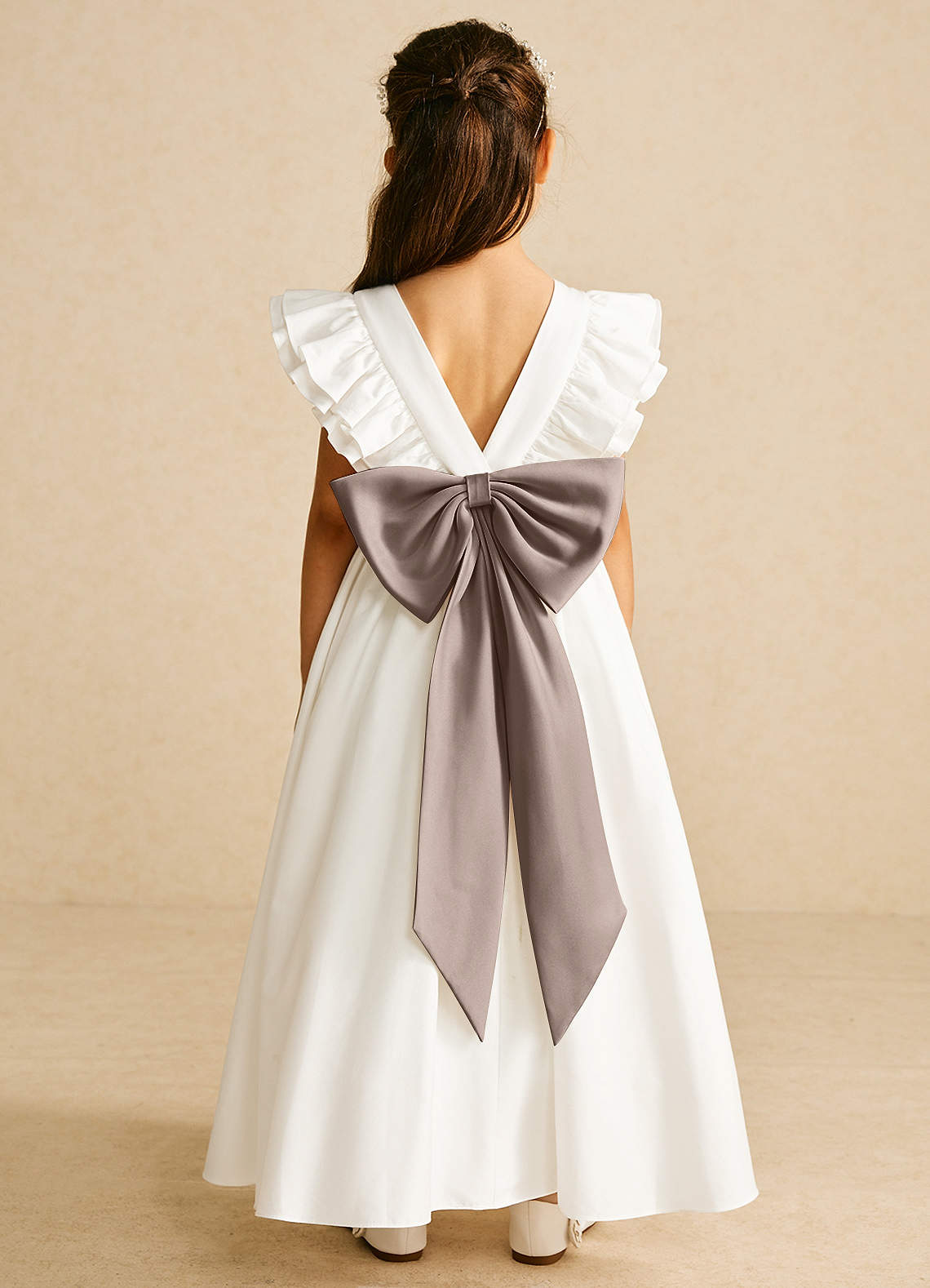 Azazie Aero Flower Girl Dresses Ivory Taupe A-Line Pleated Cotton Dress image1
