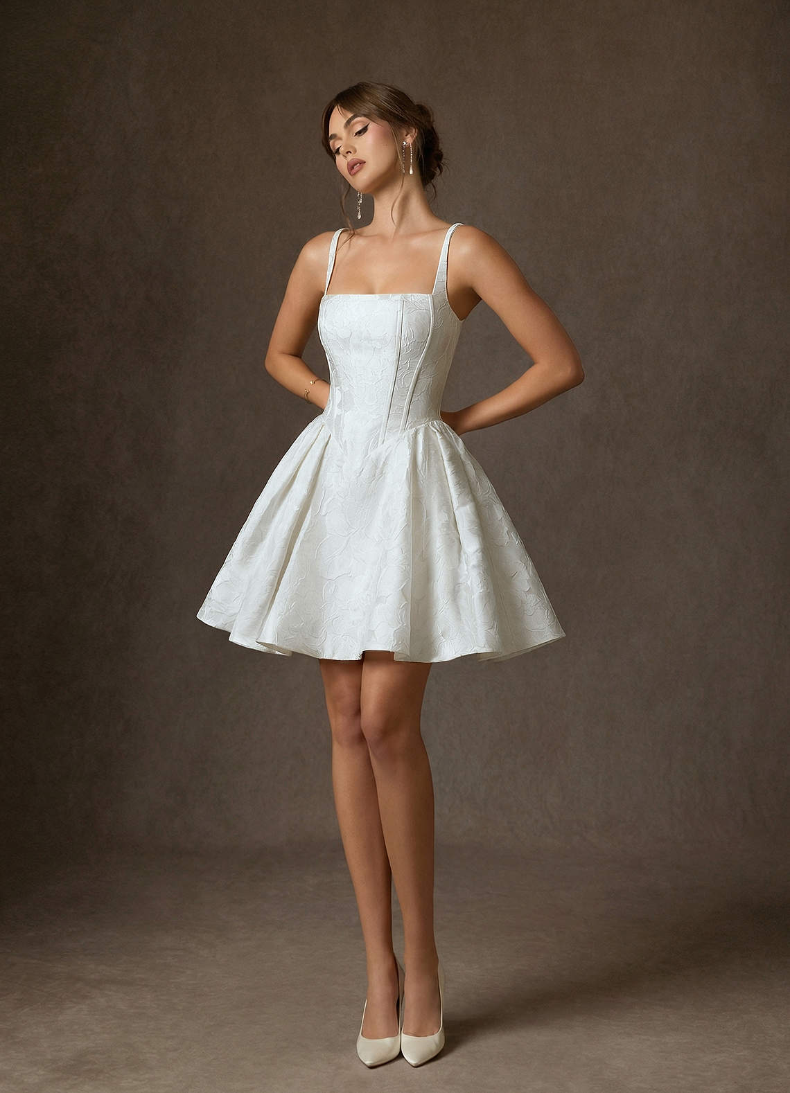 Azazie Daisley Wedding Dresses Diamond White A-Line with Pockets Floral Jacquard Dress image5