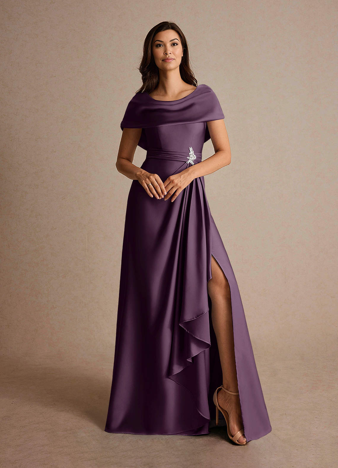 Azazie Branford Mother of the Bride Dresses Plum A-Line Pleated Stretch Satin Dress image6
