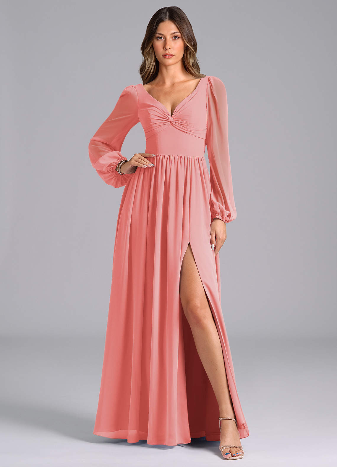 Azazie Zeya Bridesmaid Dresses Coral A-Line Long Sleeve Chiffon Dress image1