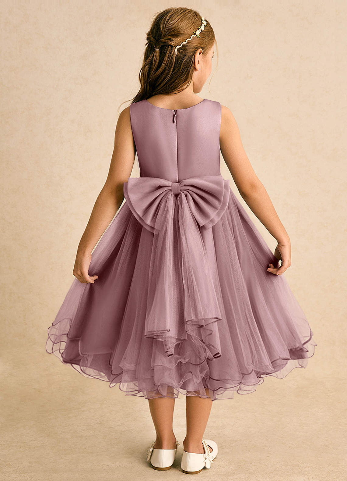 Azazie Lass Flower Girl Dresses Dusty Rose A-Line Bow Tulle Dress image1