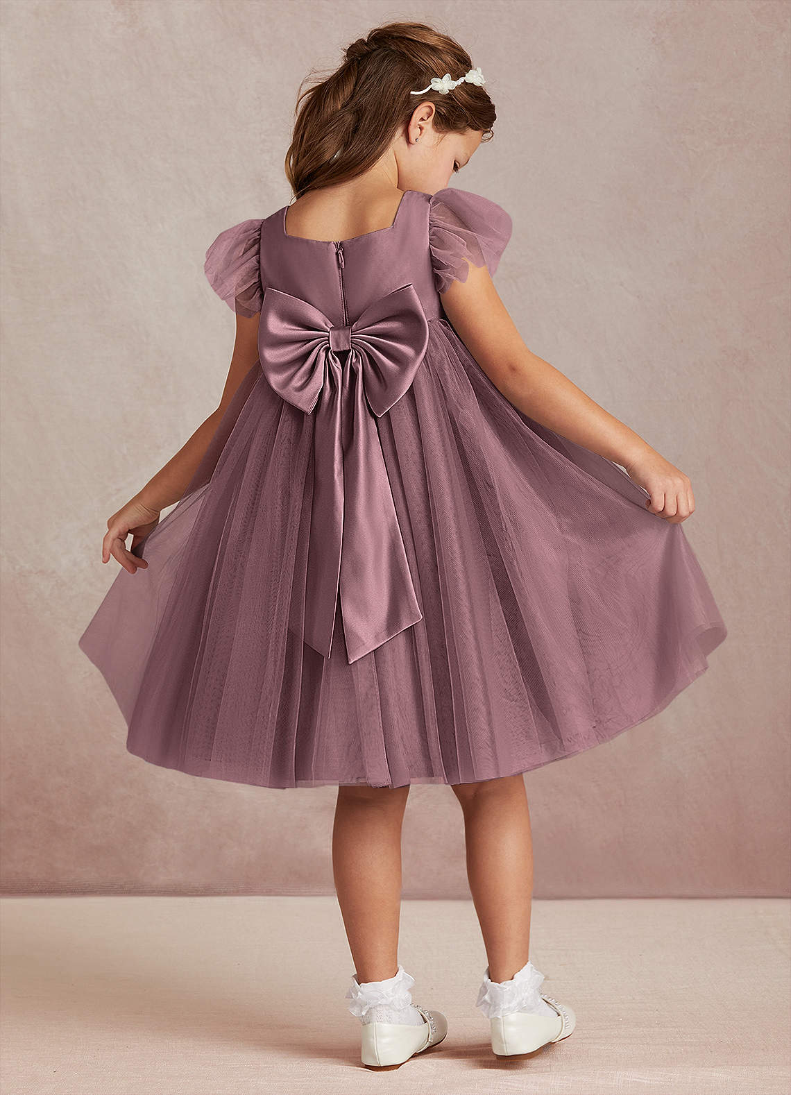 Azazie Kalio Abiti da Ragazza di Fiori Abito A-Line in Tulle Con Maniche Vintage Malva image1