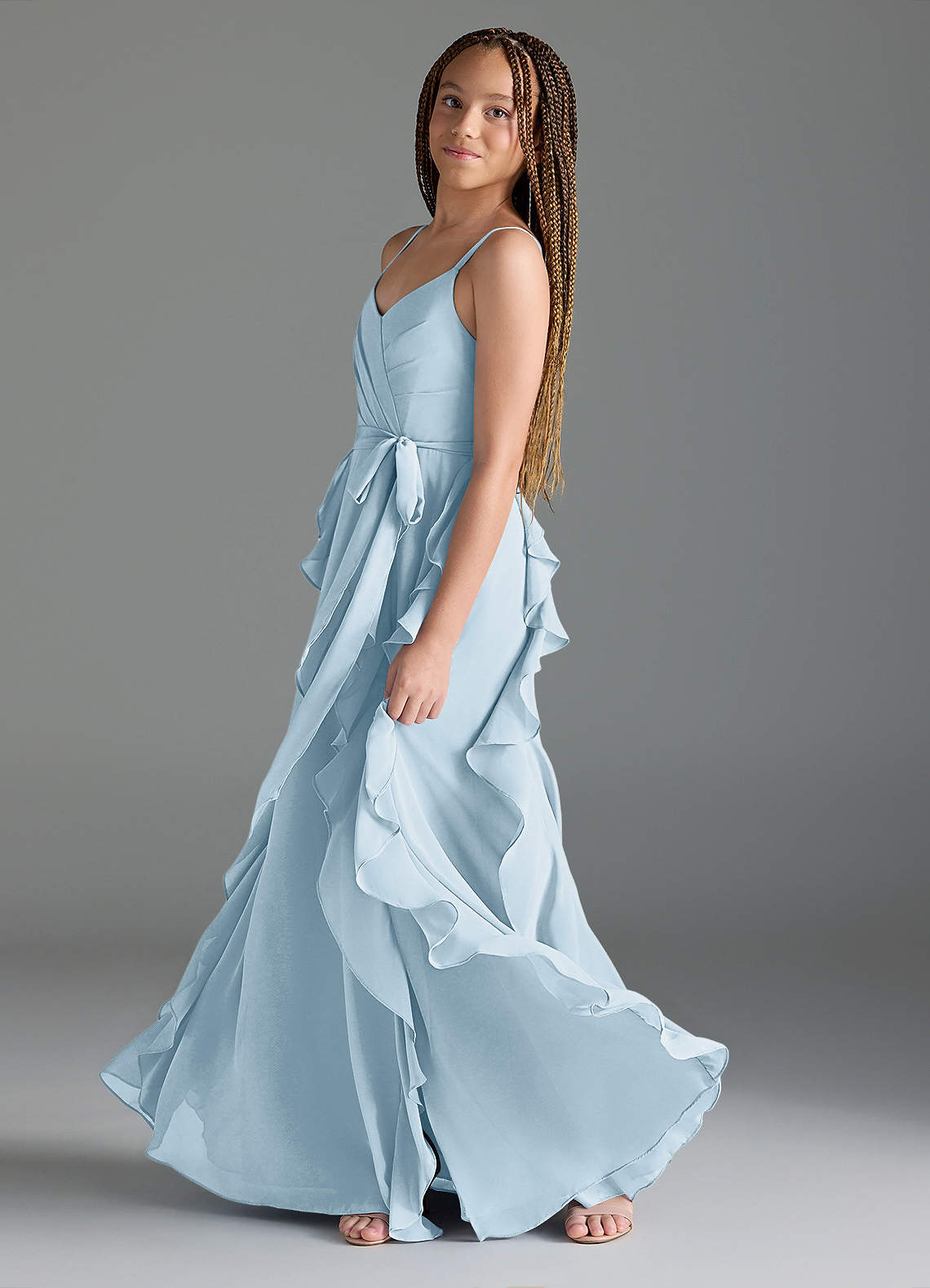 Azazie Peyton Junior Vestido Céu Azul de Chiffon de Linha A com Plissado image3