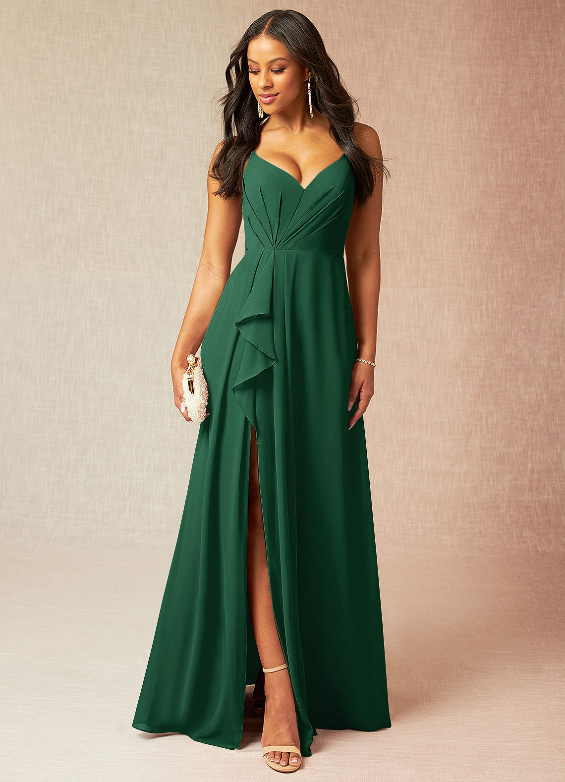 Azazie Kyedae Brautjungfernkleider A-Linie V-Hals Gefaltet Chiffon Kleid Dunkelgrün image1