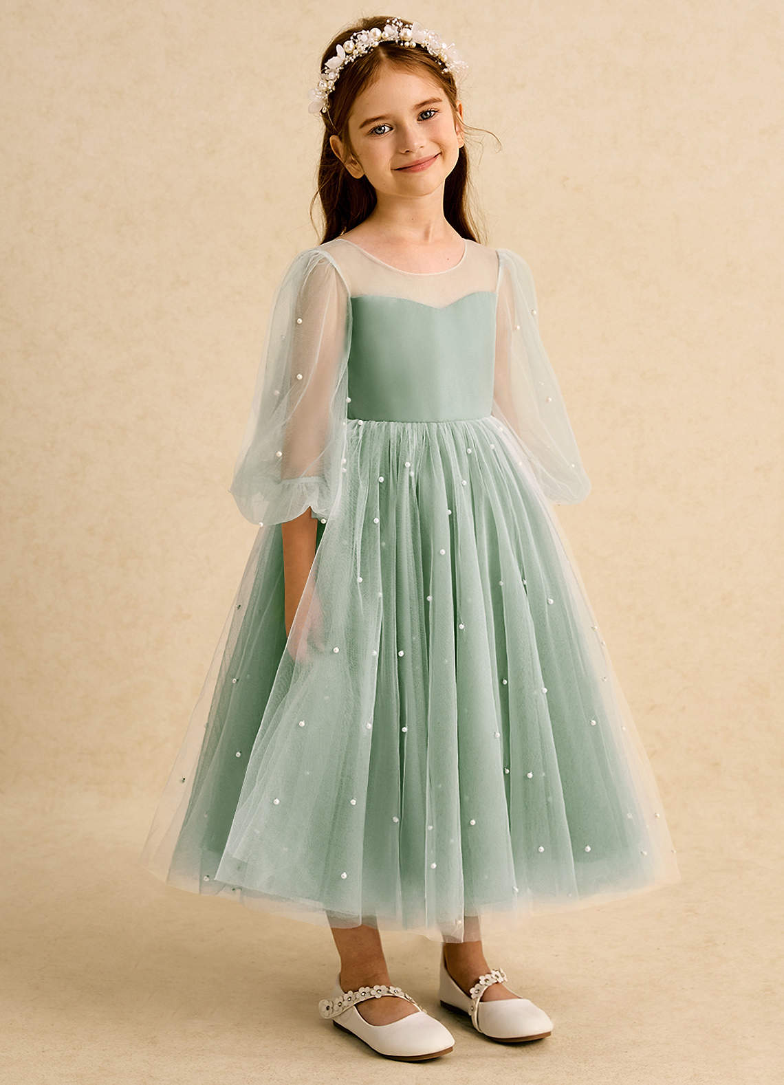 Azazie Trudy Flower Girl Dresses Matcha Ball-Gown Sweetheart Neckline Tulle Dress image1